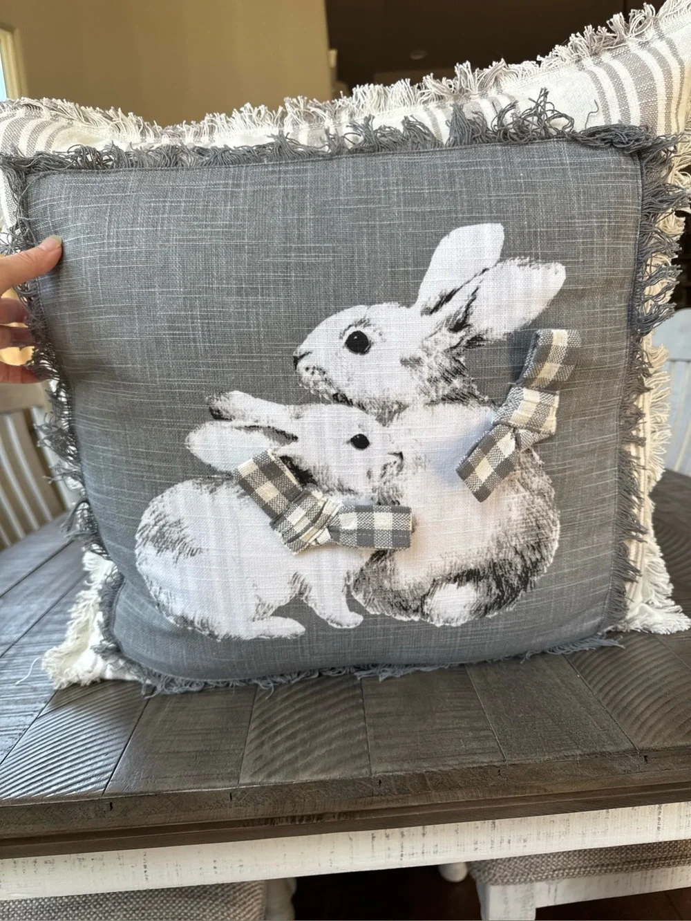 Gray Bunny 20X20 Farmhouse Decorative Fringe & Checkered Throw Pillow